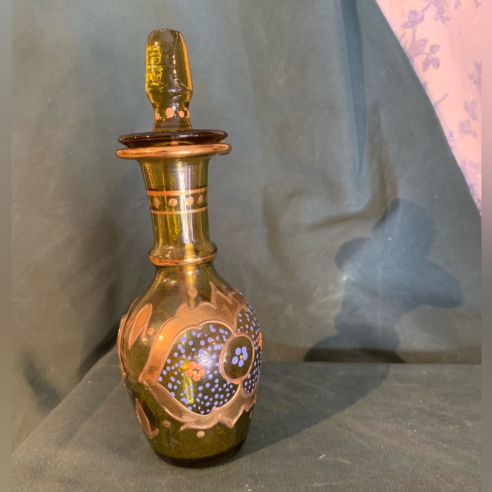 VTG Handpainted Bohemian Amber Glass Bottle with Stopper - Picture 3 of 13